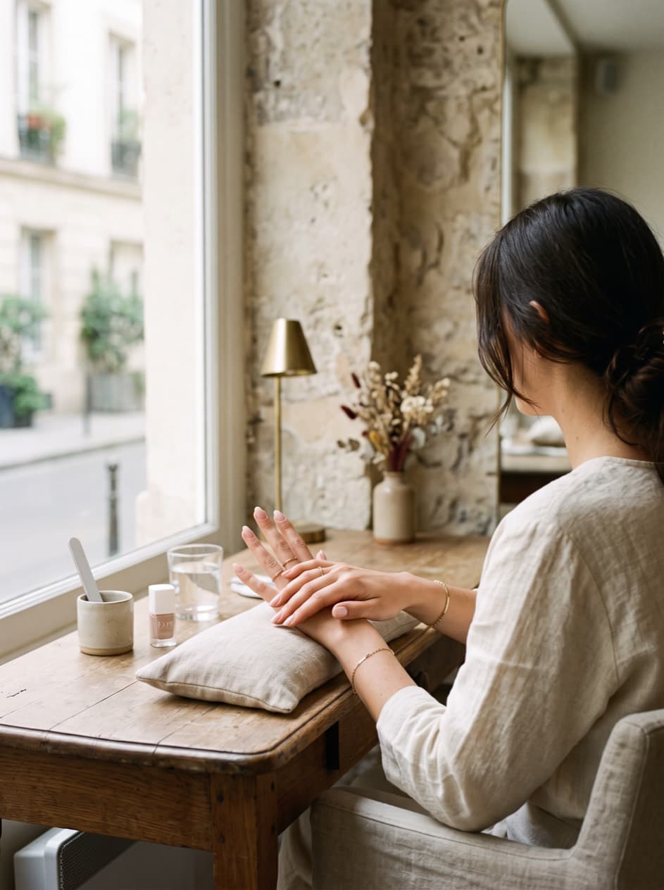 Une cliente à la table de manucure du salon